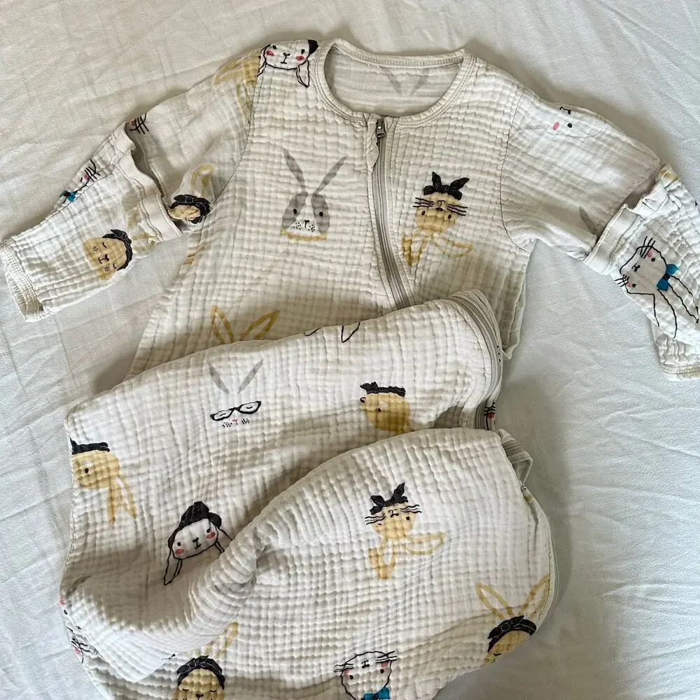 Gender Neutral Bunny Zip Up Linen Sleep Sack w/ Snap Off Sleeves Sz 105cm